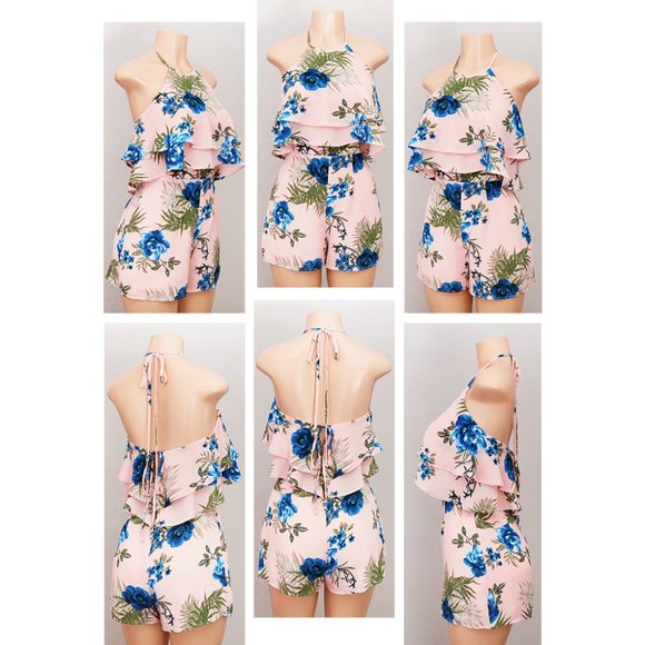 Pink Floral Flounce Ruffle Halter Tie Back Romper - Picture 7 of 8